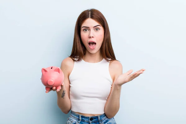 Young Adult Pretty Woman Piggy Bank Savings Concept — Fotografia de Stock