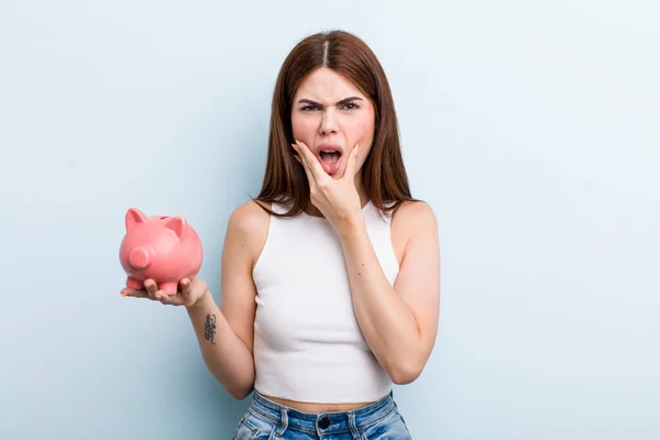 Young Adult Pretty Woman Piggy Bank Savings Concept — Foto de Stock