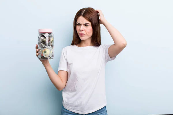 Young Adult Pretty Woman Holding Her Savings Bottle — Stock fotografie
