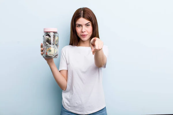 Young Adult Pretty Woman Holding Her Savings Bottle — Foto Stock