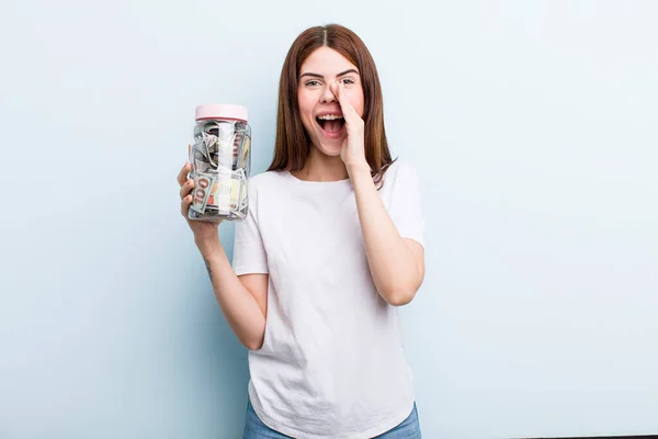 Young Adult Pretty Woman Holding Her Savings Bottle — Stok fotoğraf