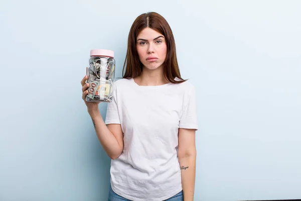 Young Adult Pretty Woman Holding Her Savings Bottle — Stok fotoğraf