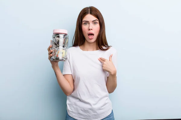 Young Adult Pretty Woman Holding Her Savings Bottle — Stok fotoğraf