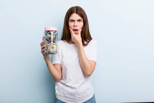 Young Adult Pretty Woman Holding Her Savings Bottle — Stok fotoğraf