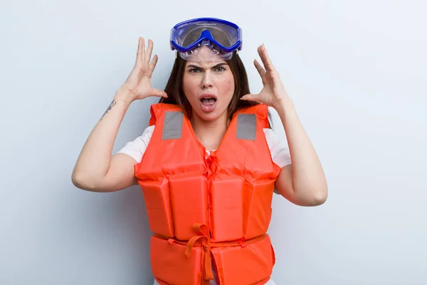 Young Adult Pretty Woman Life Jacket Summer Concept — 图库照片