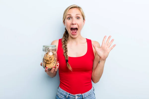 Young Adult Blonde Woman Home Made Cookies Bottle — Foto Stock