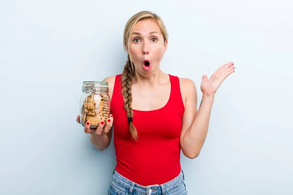 Young Adult Blonde Woman Home Made Cookies Bottle — Foto Stock