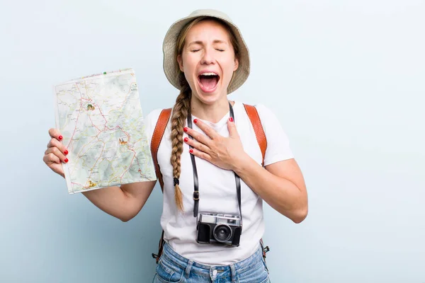 Young Adult Blonde Woman Tourist Map Holidays Concept — Photo