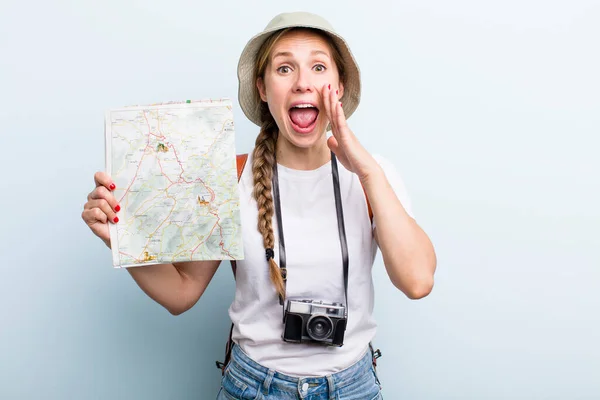 Young Adult Blonde Woman Tourist Map Holidays Concept — Zdjęcie stockowe