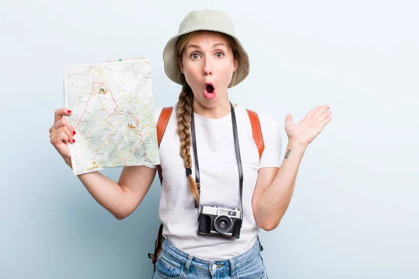 Young Adult Blonde Woman Tourist Map Holidays Concept — Zdjęcie stockowe