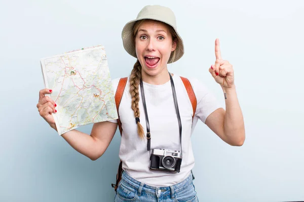 Young Adult Blonde Woman Tourist Map Holidays Concept — Stock Fotó