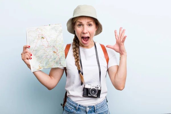 Young Adult Blonde Woman Tourist Map Holidays Concept — Zdjęcie stockowe
