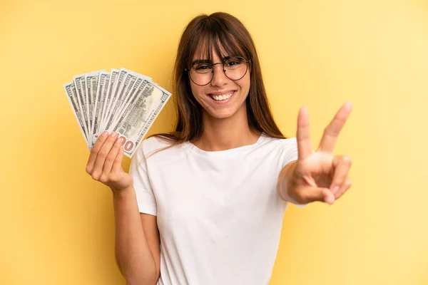 Hispanic Woman Feeling Happy Showing Approval Okay Gesture Dollar Banknotes — Foto Stock