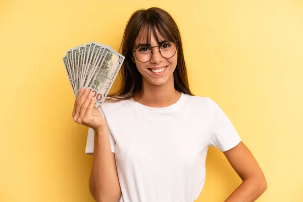 Hispanic Woman Smiling Happily Hand Hip Confident Dollar Banknotes Concept — Foto Stock