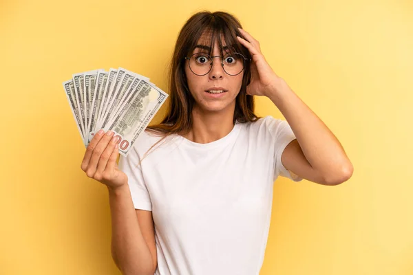 Hispanic Woman Feeling Stressed Anxious Scared Hands Head Dollar Banknotes — 스톡 사진