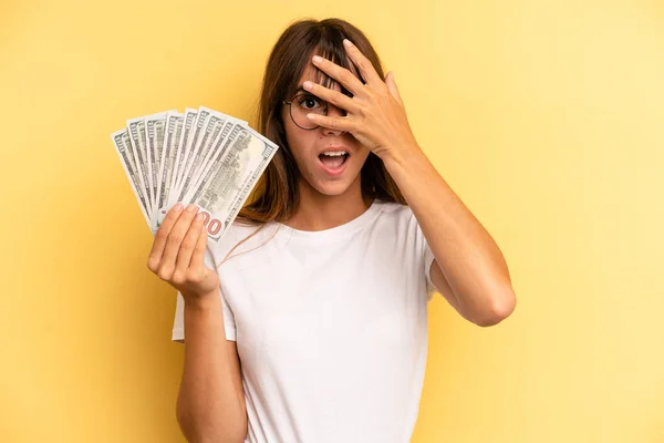 Hispanic Woman Looking Shocked Scared Terrified Covering Face Hand Dollar — 스톡 사진