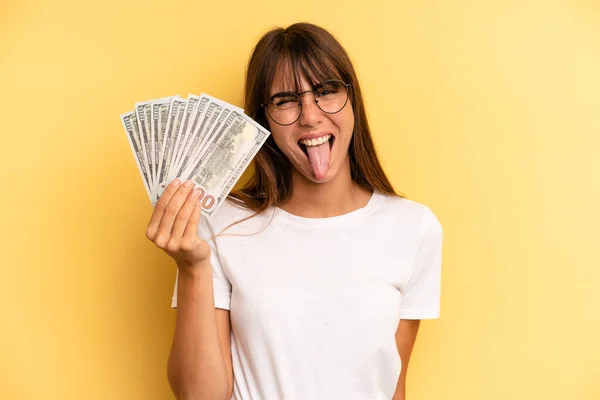 Hispanic Woman Cheerful Rebellious Attitude Joking Sticking Tongue Out Dollar — Stockfoto