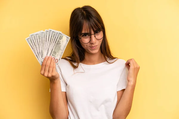 Hispanic Woman Looking Arrogant Successful Positive Proud Dollar Banknotes Concept — ストック写真