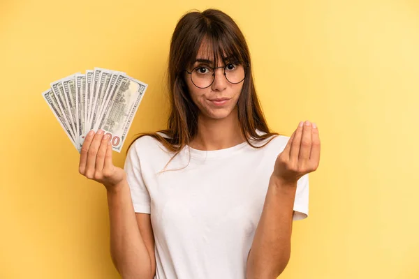 Hispanic Woman Making Capice Money Gesture Telling You Pay Dollar — 스톡 사진