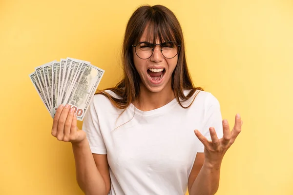 Hispanic Woman Looking Angry Annoyed Frustrated Dollar Banknotes Concept — Foto Stock