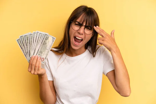 Hispanic Woman Looking Unhappy Stressed Suicide Gesture Making Gun Sign — Foto Stock