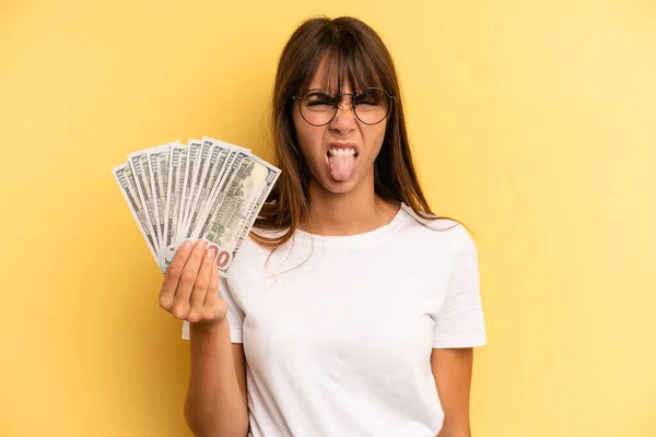 Hispanic Woman Feeling Disgusted Irritated Tongue Out Dollar Banknotes Concept — 스톡 사진