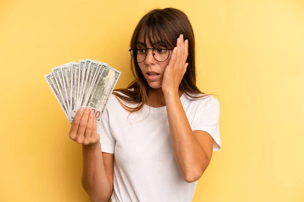 Hispanic Woman Feeling Happy Excited Surprised Dollar Banknotes Concept — Foto Stock
