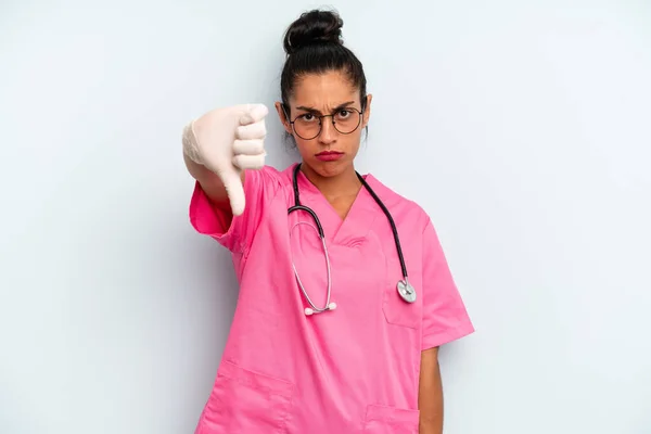 Hispanic Woman Feeling Cross Showing Thumbs Nurse Concept — Stock Photo, Image