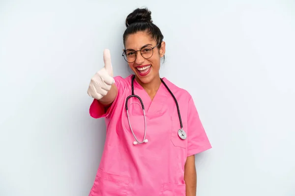 Hispanic Woman Feeling Proud Smiling Positively Thumbs Nurse Concept — Stock Photo, Image