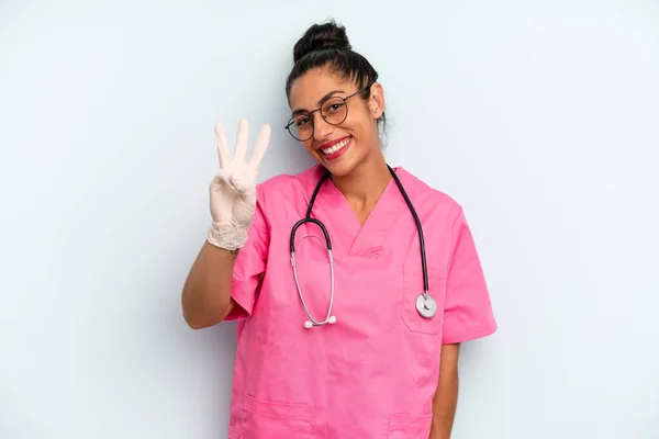 Hispanic Woman Smiling Looking Friendly Showing Number Three Nurse Concept — Stock Photo, Image