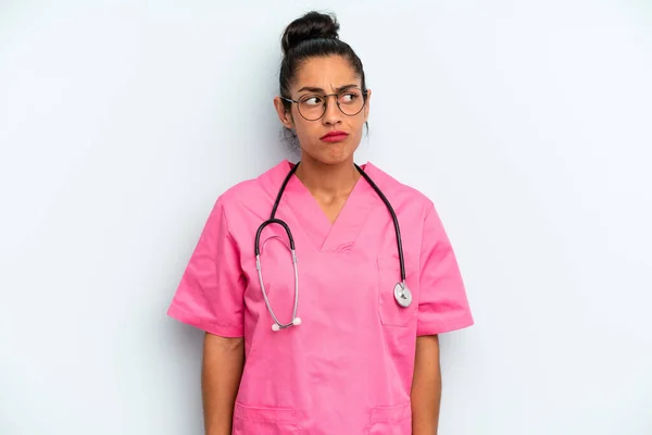 Hispanic Woman Feeling Sad Upset Angry Looking Side Nurse Concept — Stock Photo, Image