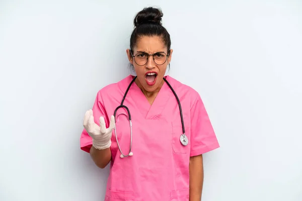 Hispanic Woman Looking Angry Annoyed Frustrated Nurse Concept — Stock Photo, Image