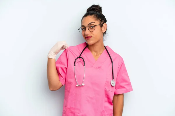 Hispanic Woman Looking Arrogant Successful Positive Proud Nurse Concept — Stock Photo, Image