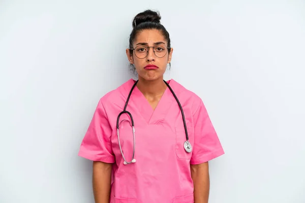Hispanic Woman Feeling Sad Whiney Unhappy Look Crying Nurse Concept — Stock Photo, Image
