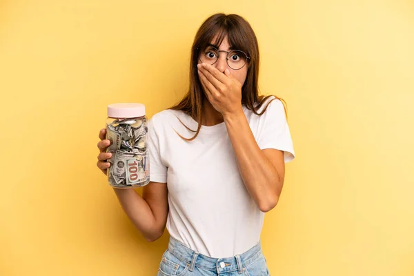 Hispanic Woman Covering Mouth Hands Shocked Savings Concept — Stok fotoğraf