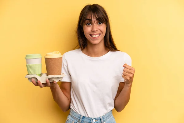 Feeling Shocked Laughing Celebrating Success Take Away Coffees — Fotografia de Stock