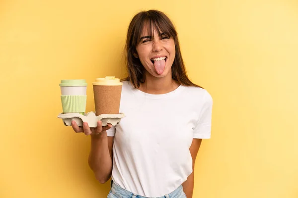 Cheerful Rebellious Attitude Joking Sticking Tongue Out Take Away Coffees — Fotografia de Stock