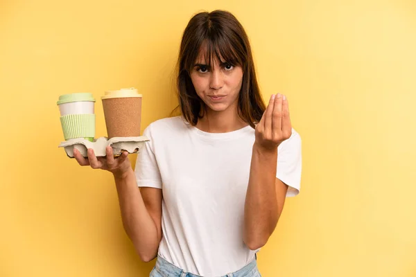 Making Capice Money Gesture Telling You Pay Take Away Coffees — Stockfoto