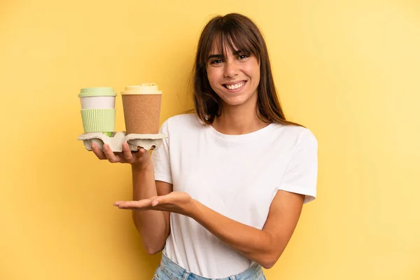 Smiling Cheerfully Feeling Happy Showing Concept Take Away Coffees — Stockfoto