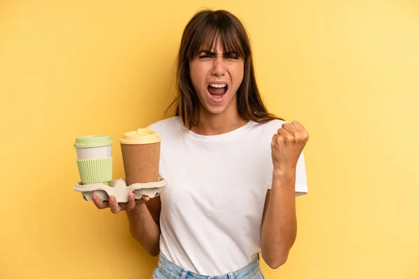Shouting Aggressively Angry Expression Take Away Coffees — Fotografia de Stock