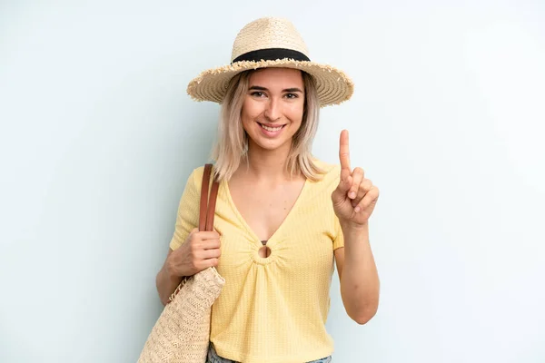 Blonde Woman Smiling Looking Friendly Showing Number One Summer Concept — Foto Stock