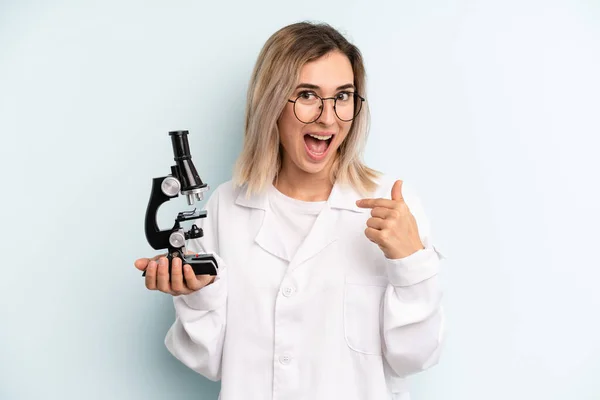 Blonde Woman Feeling Happy Pointing Self Excited Scientist Student Concept — Stockfoto