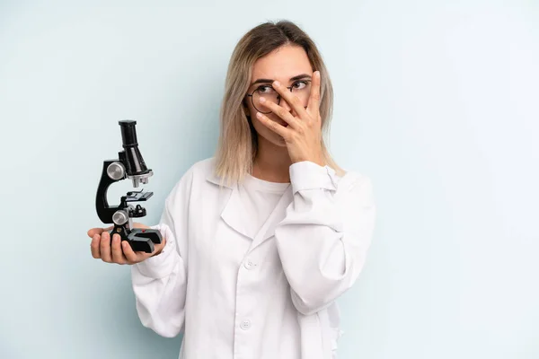 Blonde Woman Feeling Bored Frustrated Sleepy Tiresome Scientist Student Concept — Stockfoto