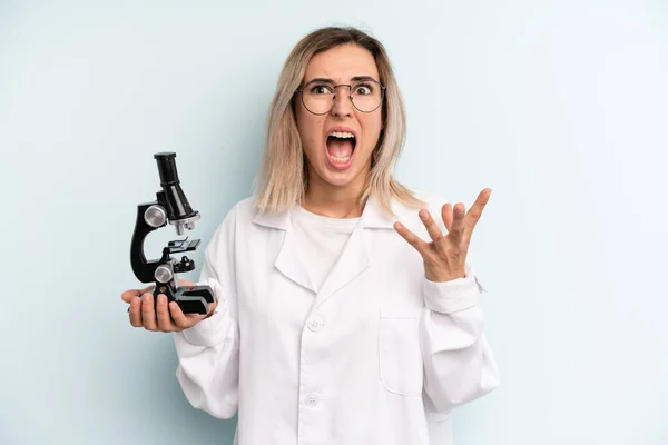 Blonde Woman Looking Desperate Frustrated Stressed Scientist Student Concept — Stockfoto