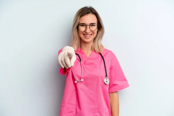 Blonde Woman Pointing Camera Choosing You Nurse Concept — Stockfoto