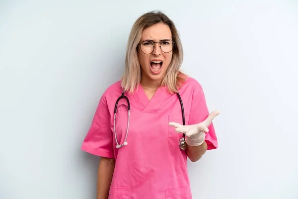 Blonde Woman Looking Angry Annoyed Frustrated Nurse Concept — Zdjęcie stockowe