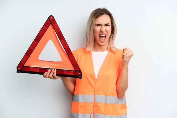 Blonde Pretty Woman Shouting Aggressively Angry Expression Car Emergency Concept — Stock Photo, Image