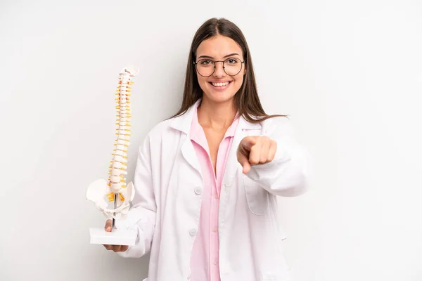 Pretty Woman Pointing Camera Choosing You Spine Specialist Concept — Stockfoto