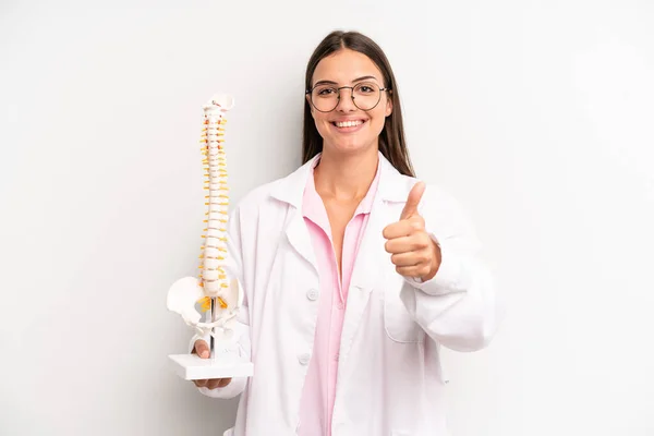 Pretty Woman Feeling Proud Smiling Positively Thumbs Spine Specialist Concept — Stockfoto