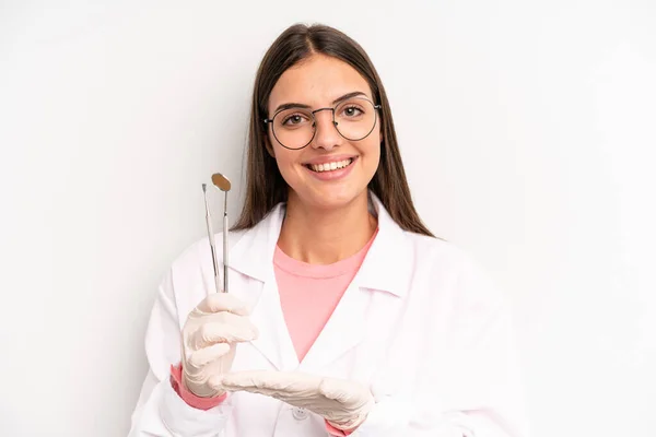 Pretty Woman Smiling Cheerfully Feeling Happy Showing Concept Dentist Concept — Stockfoto